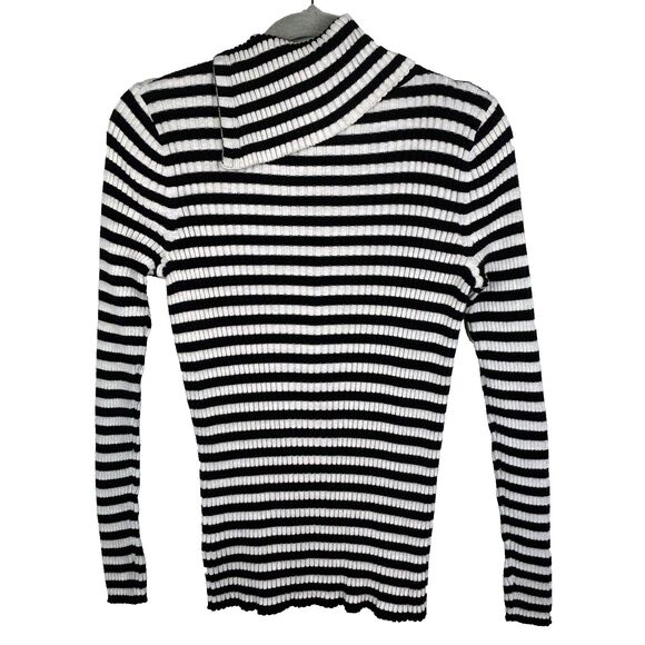 Margaret O'Leary Black & White Striped Snap Turtleneck Top Lightweight Sweater L - Picture 8 of 14